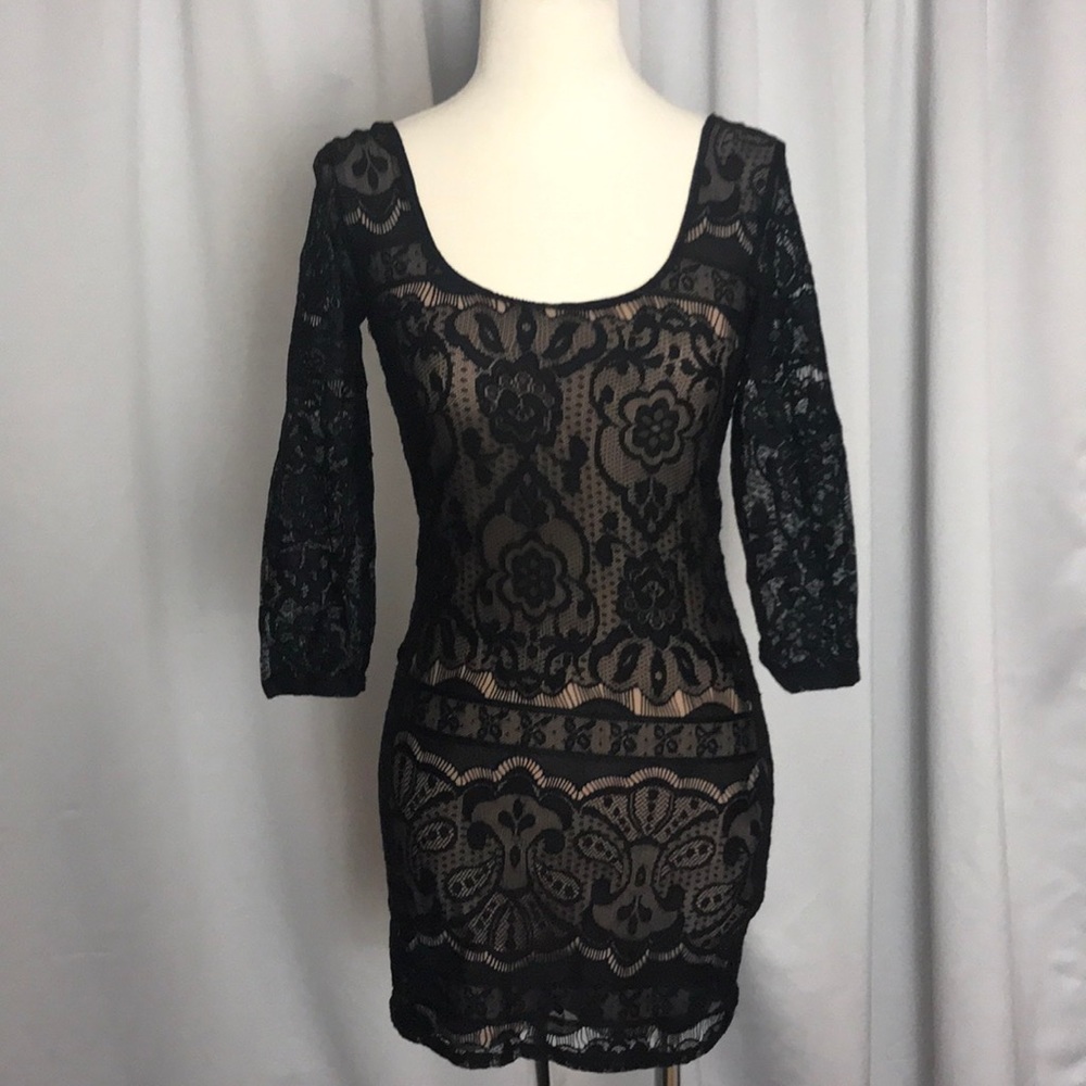 Black lace opaque nude dress body con